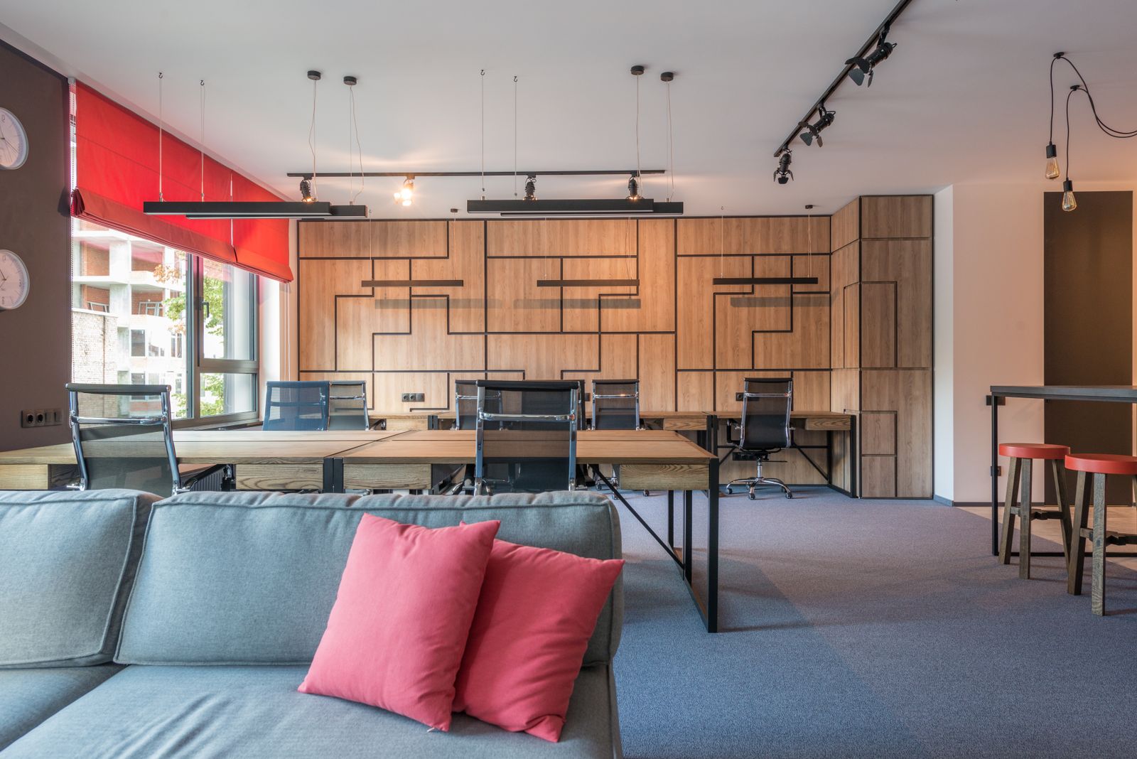 Contemporary office lounge with timber feature wall